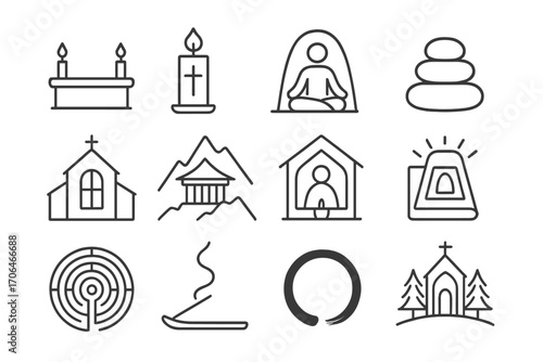 Sacred Space Icons. Line style icons of sacred spaces: altar, candle with cross, spiritual retreat, meditation rock; quiet