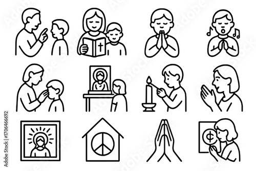 Spiritual Parenting Icons. Line style icons of spiritual parenting: teaching values, reading sacred book, child at prayer, singing
