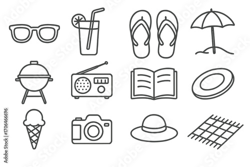 Weekend Vibes Icons. Line style icons of weekend vibes: sunglasses, drink with straw, flip-flops, beach umbrella; grill, radio,