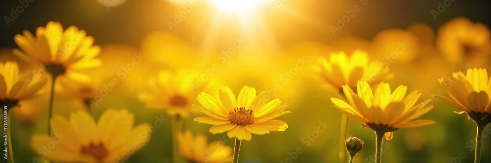 Obraz premium Vibrant yellow flowers bathed in sunlight, radiating intense heat and summer energy Perfect for summer, heat, warmth, and vibrant themes , botanical, wildflower