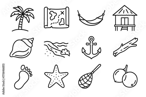 Island Adventure Icons. Line style icons of island adventure: palm tree, treasure map, hammock, beach hut; conch shell, shoreline,
