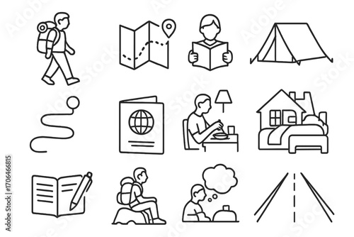 Solo Travel Icons. Line style icons of solo travel: backpacker, map with dot, tent, reading guidebook; walking path, passport