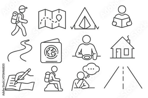 Solo Travel Icons. Line style icons of solo travel: backpacker, map with dot, tent, reading guidebook; walking path, passport