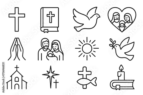 Christmas Religious Icons. Line style icons of religious Christmas symbols: cross, bible, holy dove, nativity heart; praying hands