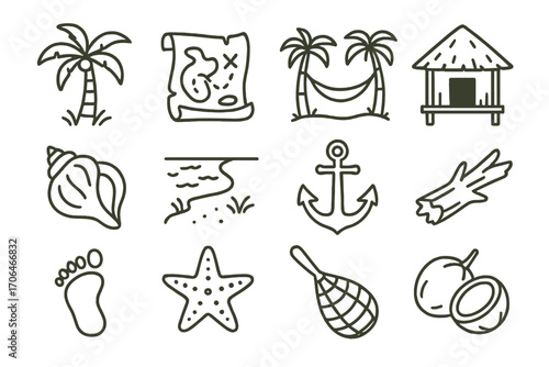 Island Adventure Icons. Line style icons of island adventure: palm tree, treasure map, hammock, beach hut; conch shell, shoreline,