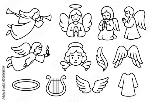 Christmas Angel Icons. Line style icons of Christmas angels: angel with trumpet, angel with halo, praying angel, angel with wings;