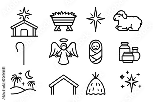 Winter Nativity Icons. Line style icons of winter nativity details: star over stable, manger with hay, guiding star, sheep resting