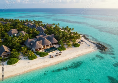 Fototapeta Naklejka Na Ścianę i Meble -  Luxurious Zanzibar beach resort surrounded by swaying palms and pristine turquoise waters.
Perfect for travel, tropical getaway, and high-end vacation visuals.