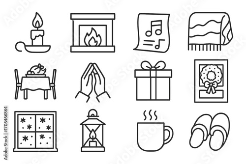 Christmas Eve Icons. Line style icons of Christmas Eve traditions: midnight candle, fireplace, caroling sheet, warm blanket;
