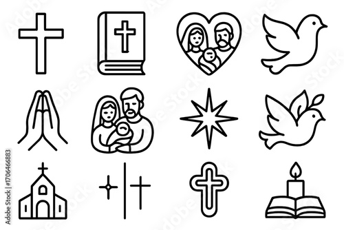 Christmas Religious Icons. Line style icons of religious Christmas symbols: cross, bible, holy dove, nativity heart; praying hands