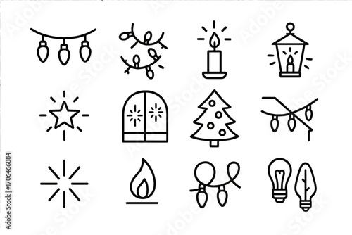 Christmas Light Icons. Line style icons of Christmas lights: string of bulbs, fairy lights, candle with light rays, hanging