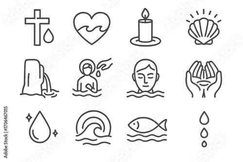 Faith and Water Icons. Line style icons of faith and water: cross and droplet, heart with wave, candle and ripple, shell and light