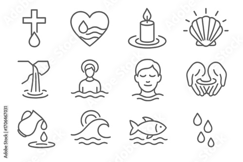 Faith and Water Icons. Line style icons of faith and water: cross and droplet, heart with wave, candle and ripple, shell and light