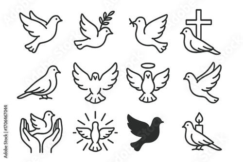 Dove Icons Compilation. Line style icons of dove imagery: flying dove, dove with olive branch, descending dove, dove with cross;