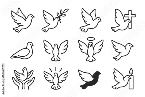 Dove Icons Compilation. Line style icons of dove imagery: flying dove, dove with olive branch, descending dove, dove with cross;