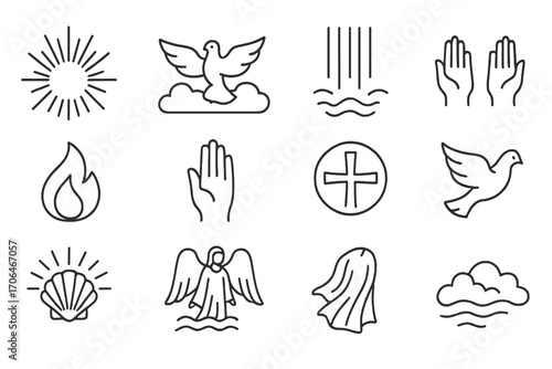 Holy Icons Collection. Line style icons of holy presence: light rays, dove in clouds, water falling, lifted hands; spirit flame,
