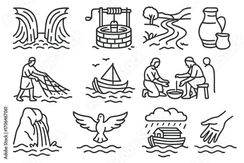 Biblical Water Icons. Line style icons of biblical water scenes: parting sea, well of water, river Jordan, water jar; fisherman