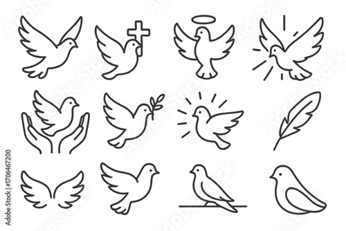 Line Style Dove Icons. Line style icons of dove in worship: dove in flight, dove with cross, haloed dove, descending dove; dove