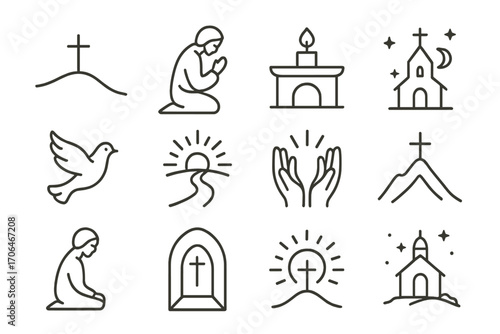 Minimalist Spiritual Icons. Line style icons of minimalist spiritual scenes: hill with cross, figure in prayer, candlelit altar,