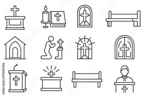 Church Interior Icons. Line style icons of church interiors: altar table, candle and bible, window cross, pew; open chapel, prayer