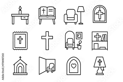 Private Worship Icons. Line style icons of private worship space: desk with candle, bible corner, chair and light, window with