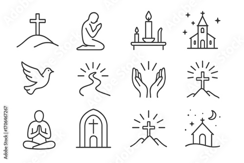Minimalist Spiritual Icons. Line style icons of minimalist spiritual scenes: hill with cross, figure in prayer, candlelit altar,