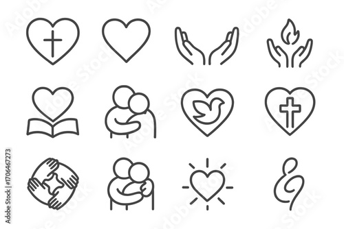 Icons of Christian Love. Line style icons of Christian love and grace: heart with cross, open heart, shared hands, hands with