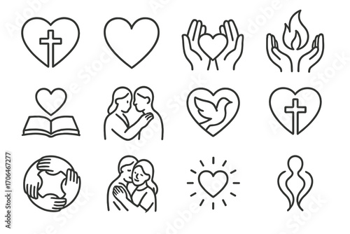 Icons of Christian Love. Line style icons of Christian love and grace: heart with cross, open heart, shared hands, hands with