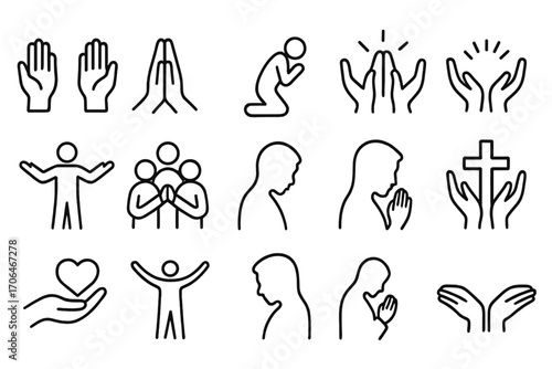 Worship Gesture Icons. Line style icons of worship gestures: raised hands, folded hands, kneeling posture, hands with light; open