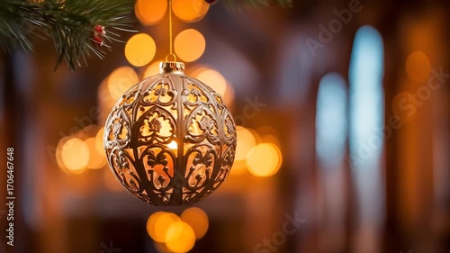 Christmas ornament hanging on tree branch, creating a festive and warm holiday atmosphere