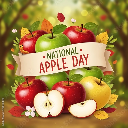 Celebrate National Apple Day with a Colorful Array of Apples, Banner, and Festive Autumn Leaves Illustration