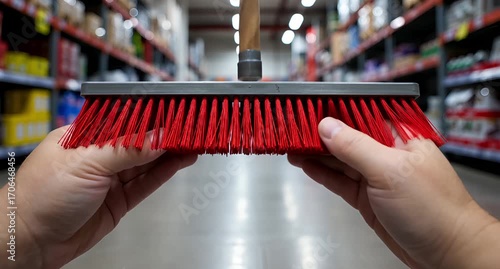 Holding a red broom with grey handle in a warehouse aisle