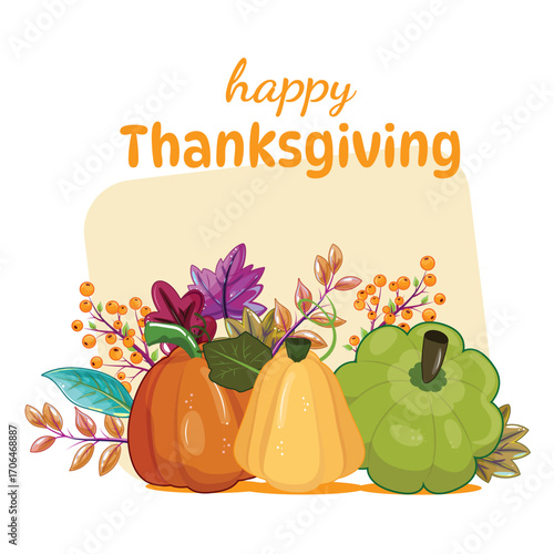 Vivid pumpkins and berries arranged with colorful foliage. Thanksgiving celebration, cheerful harvest illustration, seasonal menu art.