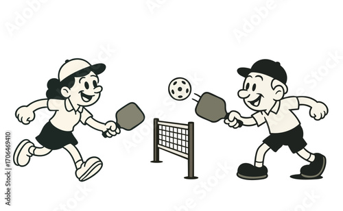 Pickleball players, cartoon vintage style. Retro illustration of pickle ball players.