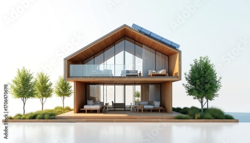 Modern minimalist house model with wood exterior  large glass windows  solar panels. Features contemporary architectural design  innovative structure  stylish residential building. Minimalist design