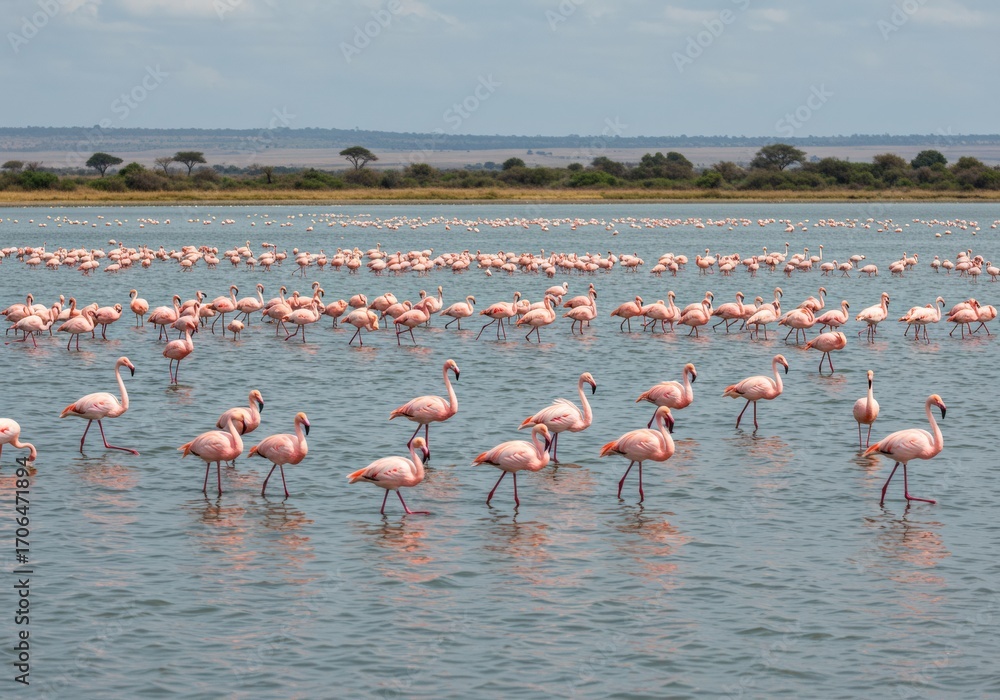 Obraz premium Pink flamingos gracefully wading in the strikingly colorful waters of Lake Natron. Perfect for wildlife, African landscapes, and exotic bird photography.