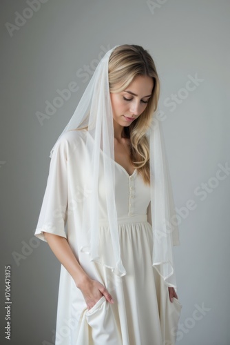 A white woman with a veil stands quietly, looking down. The background is a smooth gradient with soft shadows and no distractions