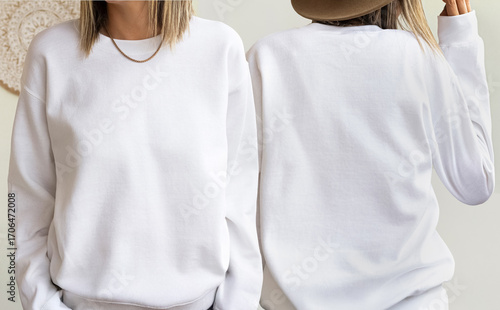 Blank white sweatshirt mock up isolated. Female wear plain hoodie mockup. Woman’s Empty hoody design presentation. White sweat ready for print. White Sweater t shirt template