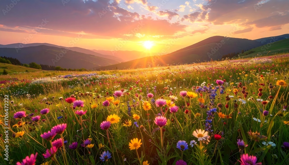 Obraz premium Colorful wildflowers bloom in a mountain meadow at sunset