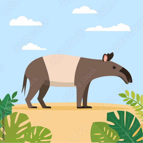 A whimsical illustration of a Tapir in a vibrant setting. The tapir's unique features are highlighted against a backdrop of lush greenery and a bright sky