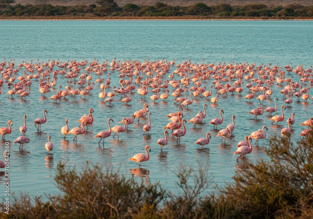Naklejka premium Pink flamingos gracefully wading in the strikingly colorful waters of Lake Natron. Perfect for wildlife, African landscapes, and exotic bird photography.