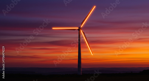 A Modern Wind Turbine, Its Blades Aglow with a Fiery Orange Light, Stands Tall Against a Breathtaking Sunset Sky Painted with Hues of Purple, Orange, and Red