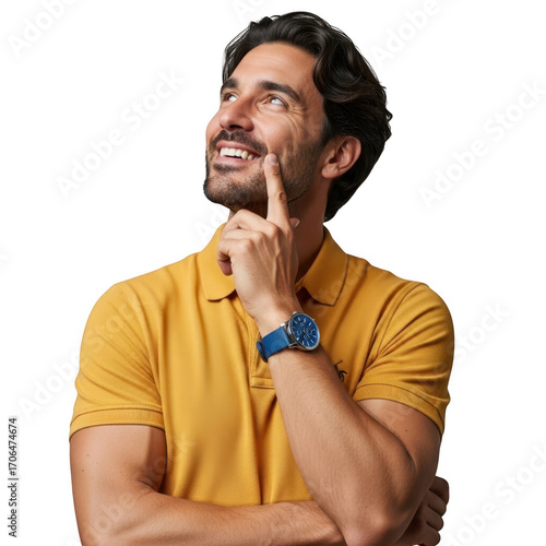 Thoughtful man wearing yellow polo shirt and blue watch pondering ideas upwards
