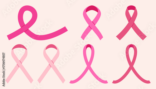 Breast Cancer Awareness Pink Ribbon Set Collection Different Styles October Symbol Vector Illustration