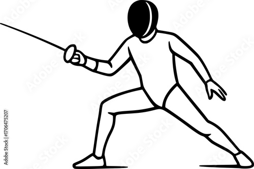 Minimalist black and white vector of a fencing stance, sleek silhouette illustration for sports posters, martial arts training, competition visuals, and modern graphic design.
