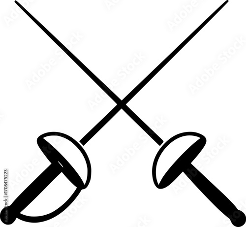 Minimalist black and white vector of fencing swords crossing, sleek silhouette illustration for sports posters, martial arts training, competition visuals, and modern graphic design.