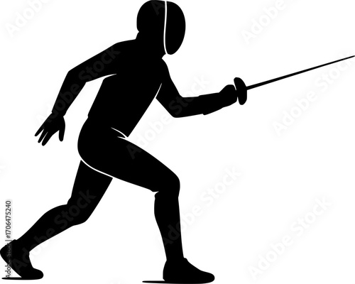 Minimalist black and white vector of a fencer retreating, clean silhouette illustration for sports posters, martial arts training, competition visuals, and modern graphic design.
