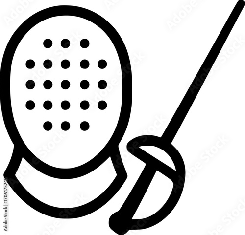 Minimalist black and white vector of a fencing mask and foil, clean icon-style illustration for sports guides, martial arts training, competition visuals, and modern graphic design.
