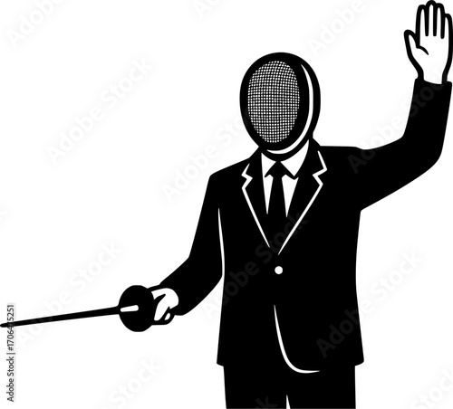 Minimalist black and white vector of a fencing referee with hand raised, simple silhouette illustration for sports guides, rulebooks, competition materials, and modern graphic design.