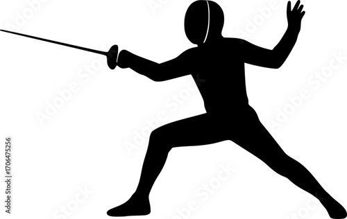 Black silhouette of a fencing stance with épée, minimalist line art vector for posters, sports materials, martial arts training visuals, and elegant modern design projects.